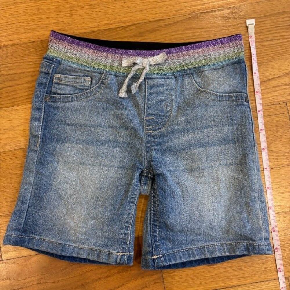NWOT Sparkly Stretchy Waist Blue Jean Mid Thigh Long Girls Bow Shorts